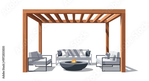 Modern outdoor furniture set with pergola.