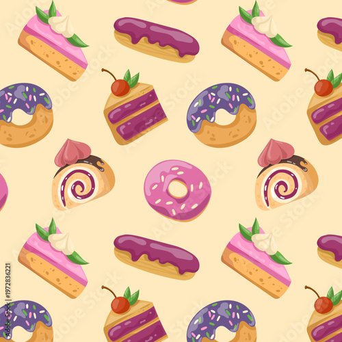 Sweet dessert seamless pattern with donuts, cakes and eclairs. Hand-drawn bakery background
