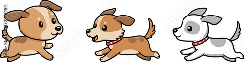 Cute cartoon puppies running in different poses, adorable dogs wearing red collars, happy pet animals, playful dog characters vector illustration.