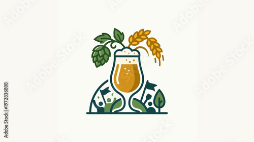 Craft Beer Logo Featuring Hops Barley and Trees