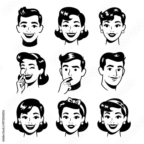 Retro comic book style faces of men and women in black and white.