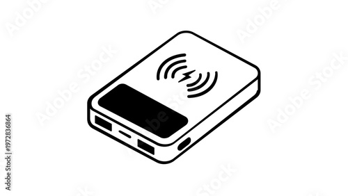 Portable wireless power bank vector icon illustration. Minimalist black and white line art of an external battery pack with induction charging symbol and USB ports for mobile device charging.