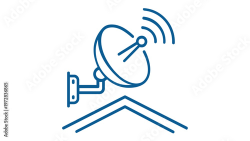 Blue line vector icon illustration of a satellite dish antenna for telecommunications, broadcasting, and wireless signal reception, minimalist flat design for technology, internet, and data.