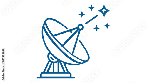 Blue minimalist line art vector icon illustration of a satellite dish parabolic antenna pointing towards stars, representing space communication, telecommunications, signal, and astronomy.