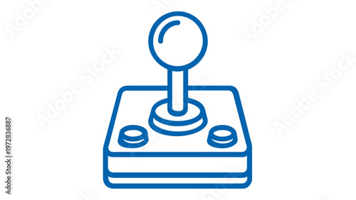 Retro arcade joystick vector icon illustration with blue outlines. Minimalist flat design of a classic gaming controller with buttons for video games, technology, and entertainment apps.