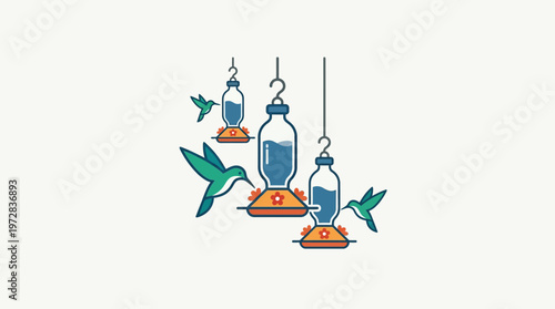 Hummingbirds Feeding at Hanging Feeders