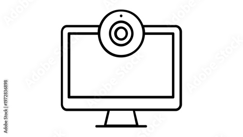 Minimalist vector line icon illustration of a computer monitor with a webcam, perfect for video conferencing, online meetings, live streaming, and digital communication technology concepts.
