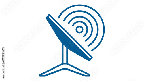 Blue line icon illustration of a satellite dish antenna for telecommunication, broadcasting, and wireless signal transmission, featuring a minimalist flat design for technology and media assets.