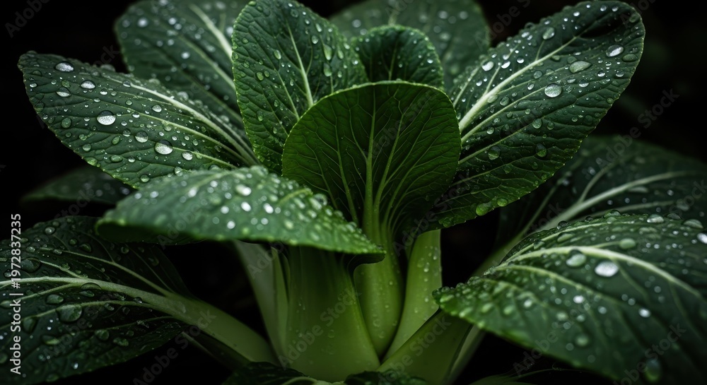 Obraz premium Fresh Bok Choy with Dew Drops on Dark Background.