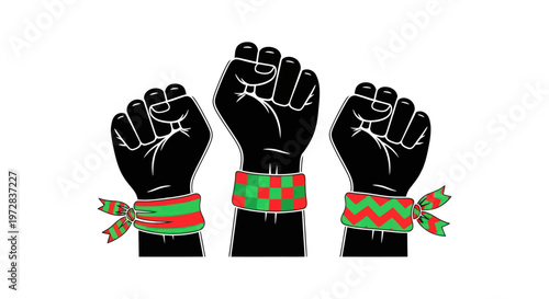 Three raised black fists with red and green bands