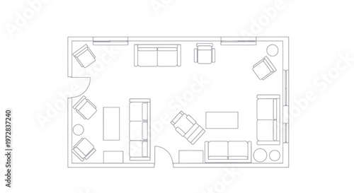 Minimalist floor plan of a living room with furniture.