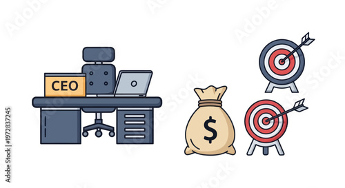 CEO office with money bag and target icons, symbolizing business success and goals.