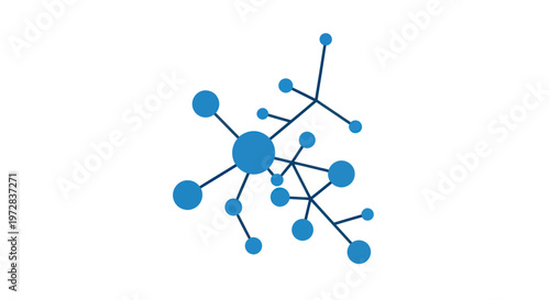 Abstract network structure with blue nodes and lines on a white background.
