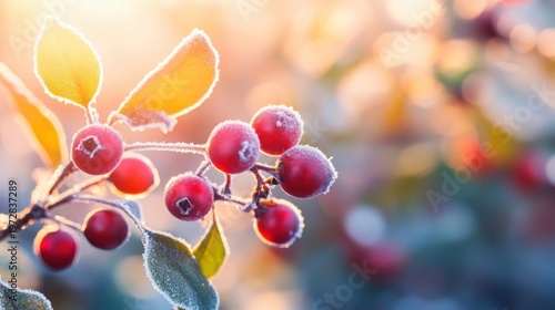 Winter Berries Covered in Frost with Sunlight