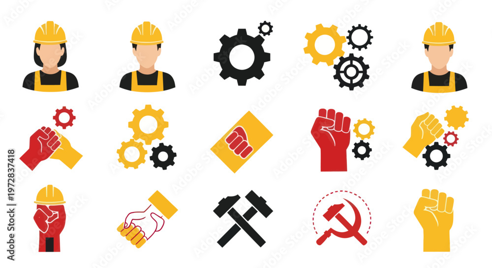 Fototapeta premium Collection of Labor Day and industrial worker solidarity icons.