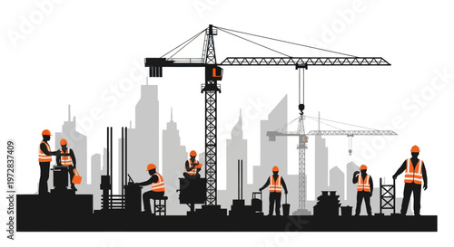 Construction workers silhouettes on a city building site with tower cranes