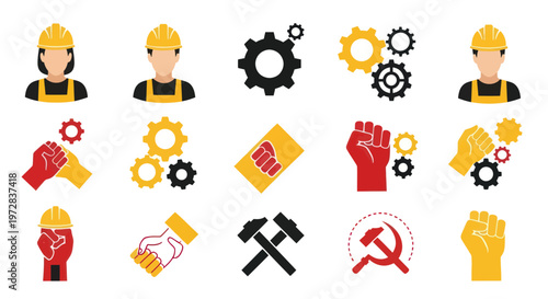 Collection of Labor Day and industrial worker solidarity icons.