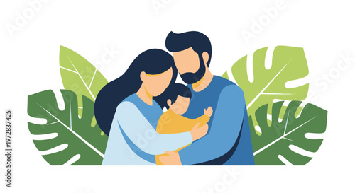 Happy young family hugging together with tropical leaves in background vector illustration
