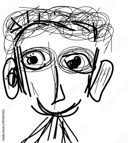 Minimalist Blue Ink Hand Drawn Sketch of a Smiling Man with Spiky Hair and Large Ears