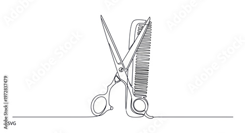 Bild auf Leinwand Continuous line drawing of scissors and comb for hairstyling, isolated on white