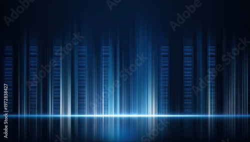 Abstract Blue Digital Cityscape with Glowing Lights and Data Streams.