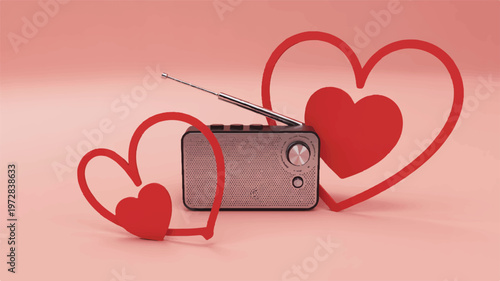 Retro portable radio with red heart outline and solid hearts on pink background for love song broadcast with valentine s day with old fashioned