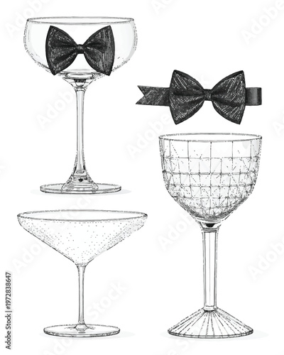 Elegant hand-drawn cocktail glasses and stylish black bow ties set in vintage line art style for drinks with martini glass with coupe glass