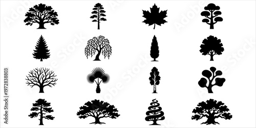 Set of black tree icons featuring different species and shapes, minimal silhouette design ideal for environmental concepts, forests, and outdoor graphics.