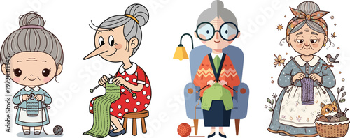 Cute elderly women knitting, cartoon grandmothers knitting scarves, cozy knitwear, senior ladies with yarn balls, knitting hobby, relaxing home activity