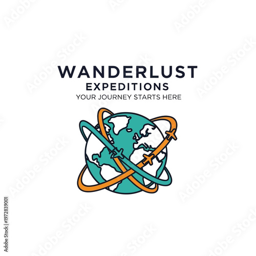 Wanderlust Expeditions Logo with Globe and Orbiting Planes.