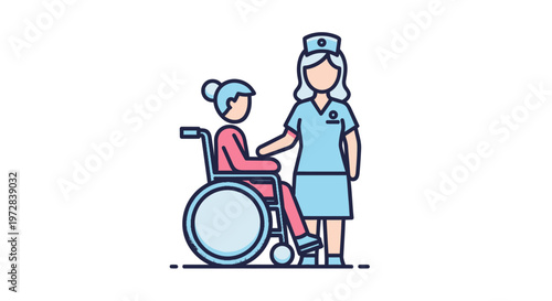 Nurse helping disabled patient in wheelchair.