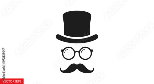 Gentleman Silhouette: Top Hat, Round Glasses, and Mustache Icon