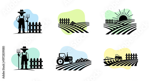 Farmers working in field with tractor.