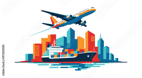 Airplane flying over cargo ship city.