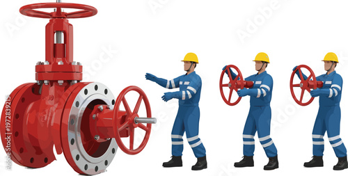 Illustration of industrial valve with workers in safety helmets and uniforms operating handwheels symbolizing engineering, machinery, manual operation, safety, and industrial process artwork design
