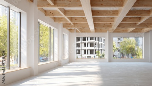 Bright Modern Office Space Under Construction with Large Windows.