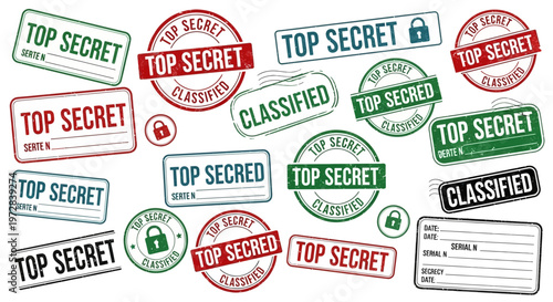 Set of grungy Top Secret and Classified rubber stamps in red, green, blue, and black