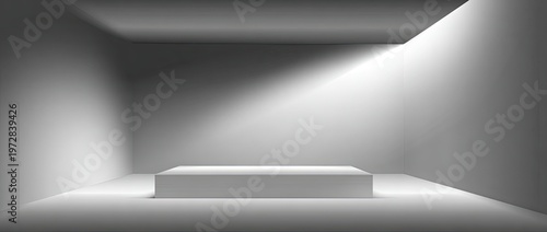 Minimalist white stage with spotlight and podium for product display.