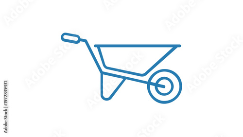 Blue line art vector icon of a wheelbarrow for construction, gardening, and landscaping projects, minimalist flat design illustration, scalable AI-generated graphic for building and site work.