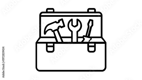 Minimalist black and white vector icon illustration of a construction toolbox containing a hammer, wrench, and screwdriver, perfect for DIY, repair, maintenance, and workshop projects.