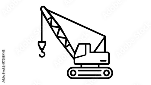 Minimalist black and white vector line icon illustration of a heavy crawler crane construction vehicle with a lifting hook, isolated on white for industrial, building, and engineering design.