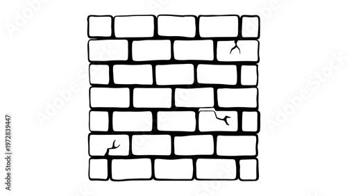 Minimalist Brick Wall Vector Icon Illustration with Cracks, Hand-Drawn Style Black and White Line Art for Construction, Masonry, Architecture, and Barrier Concepts, Scalable Flat Design