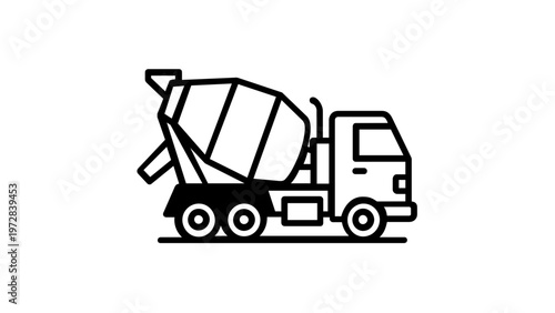 Minimalist black and white vector icon illustration of a concrete mixer truck for construction and building projects, featuring a rotating drum, driver's cab, and wheels, scalable flat design.