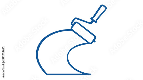 Minimalist blue line art vector illustration of a paint roller applying a curved stroke, perfect for home renovation, DIY decorating, construction tools, and interior design projects.