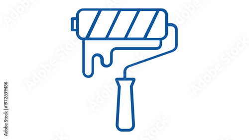 Blue minimalist paint roller vector icon illustration with dripping paint effect, flat line art design for construction, home renovation, DIY improvement, painting services, and interior design.