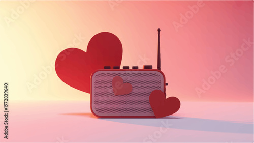 Romantic radio broadcasting love songs with heart shapes and soft pink and yellow gradient background