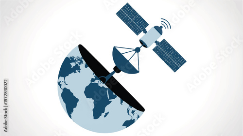 Space satellite orbiting earth providing global communication and data transmission services with outer space with satellite dish with solar panel