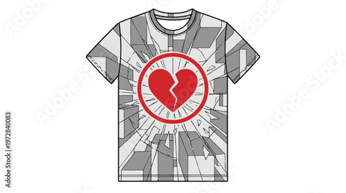 Modern t-shirt design with abstract shattered glass pattern and central red broken heart graphic for emotional expression with t shirt with mock up