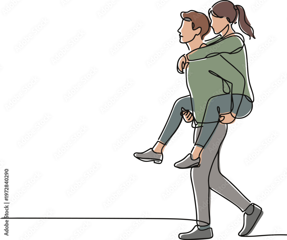 Fototapeta premium Man Giving Woman a Piggyback Ride in One Line Drawing Keywords: piggyback, ride, couple, man