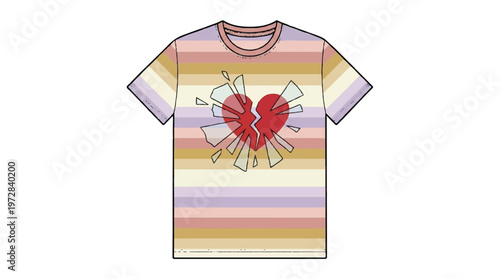 Pastel striped t-shirt design with exploding distressed red broken heart graphic for emotional themes with t shirt with pastel stripes with mock up